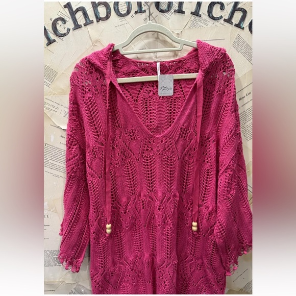 Free People Long Beach Crochet Hoodie Tasseled Scalloped Pink Rose - Picture 3 of 5